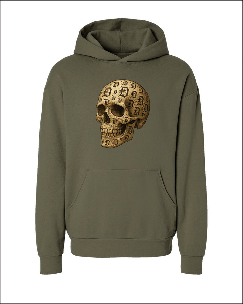 Ink Detroit Old English D Skull printed on a premium hoodie with no drawstrings
