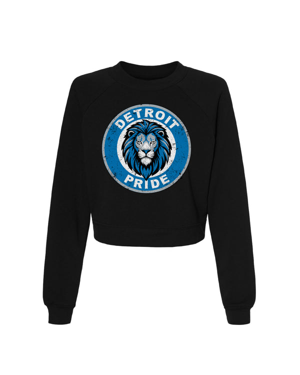 Black sweatshirt with 'Detroit Pride' lion logo on a white background
