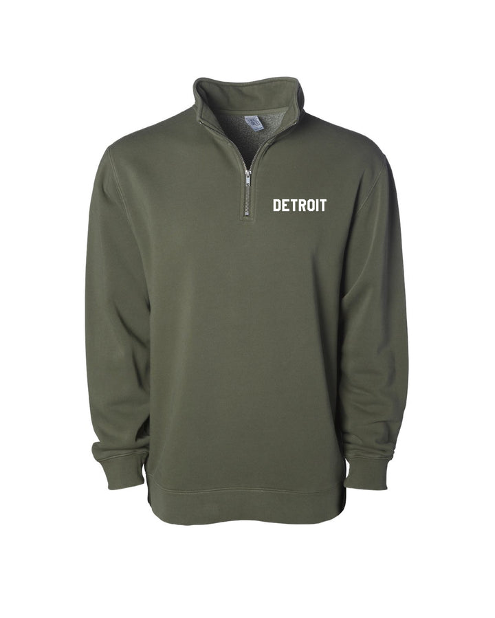 Ink Detroit - Detroit Pigment Dyed 1/4 Zip Pullover - Army Green with Black or White print