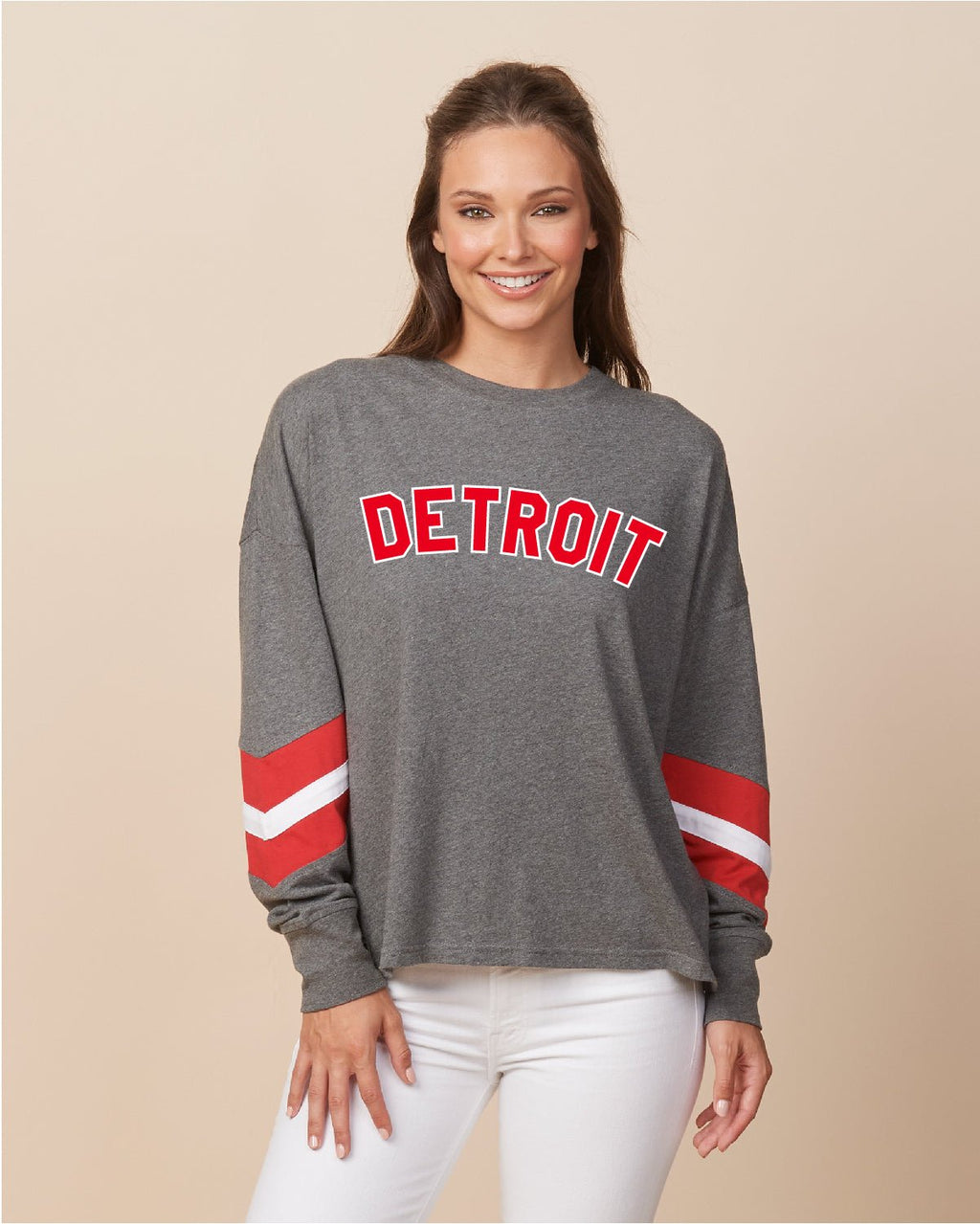 Ink Detroit - Red & White Print Ladies Boxy Varsity Long sleeve - Ink Detroit