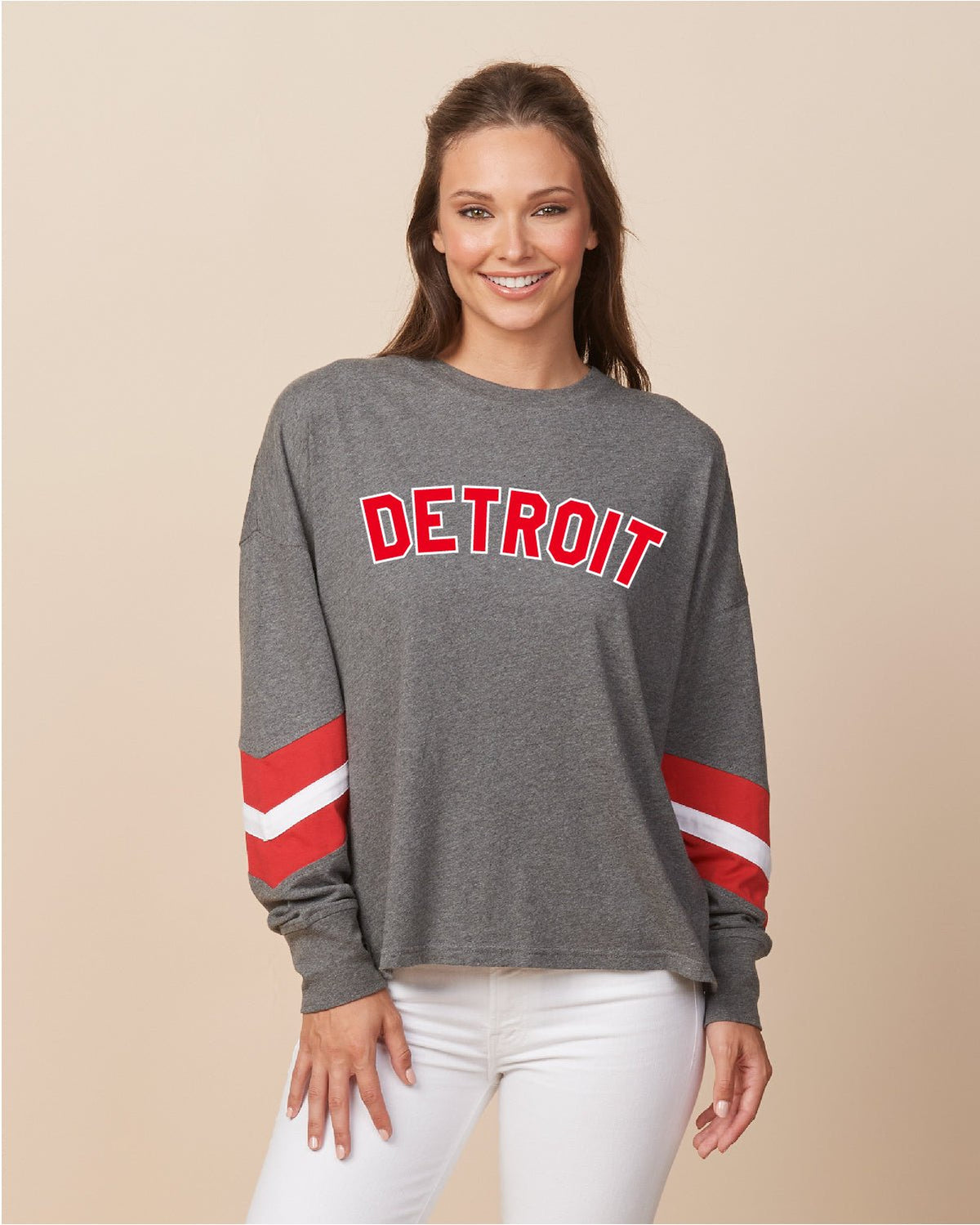 Ink Detroit - Red & White Print Ladies Boxy Varsity Long sleeve - Ink Detroit