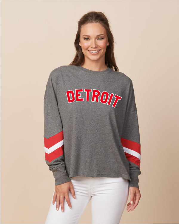 Ink Detroit - Red & White Print Ladies Boxy Varsity Long sleeve