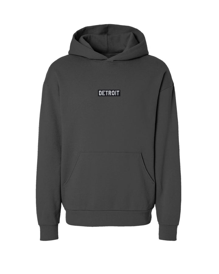 Urban fit hoodie with Detroit Patch center chest. No drawstrings