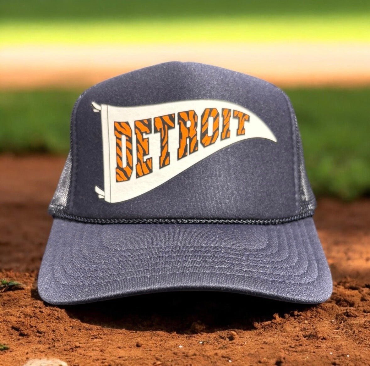 Detroit Tiger Stripe Pennant - Navy Foam Trucker Hat - Ink Detroit