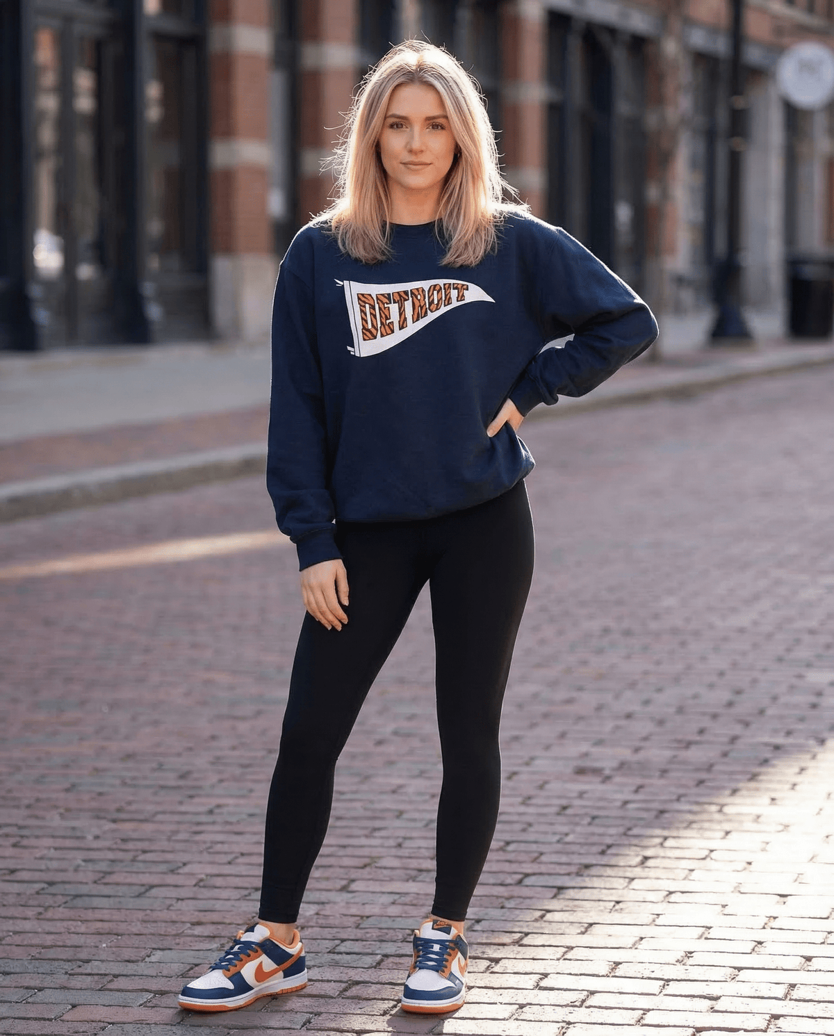 Detroit Tiger Stripe Pennant Heavyweight Crewneck Sweatshirt - Navy - Ink Detroit