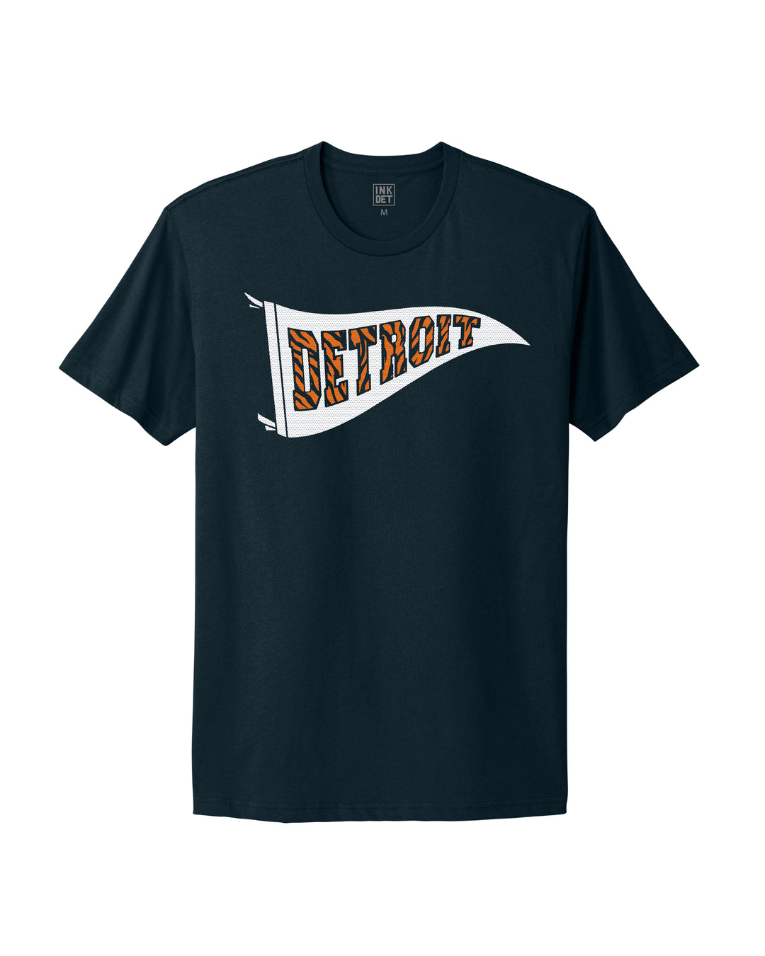 Ink Detroit Tiger striped pennant design printed on a navy cotton T-Shirt