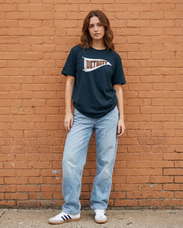 Female model wearing Ink Detroit Tiger striped pennant tee