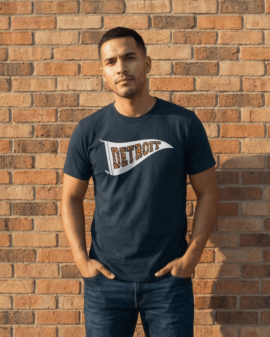 Detroit Tiger Stripe Pennant T-Shirt - Midnight Navy - Ink Detroit