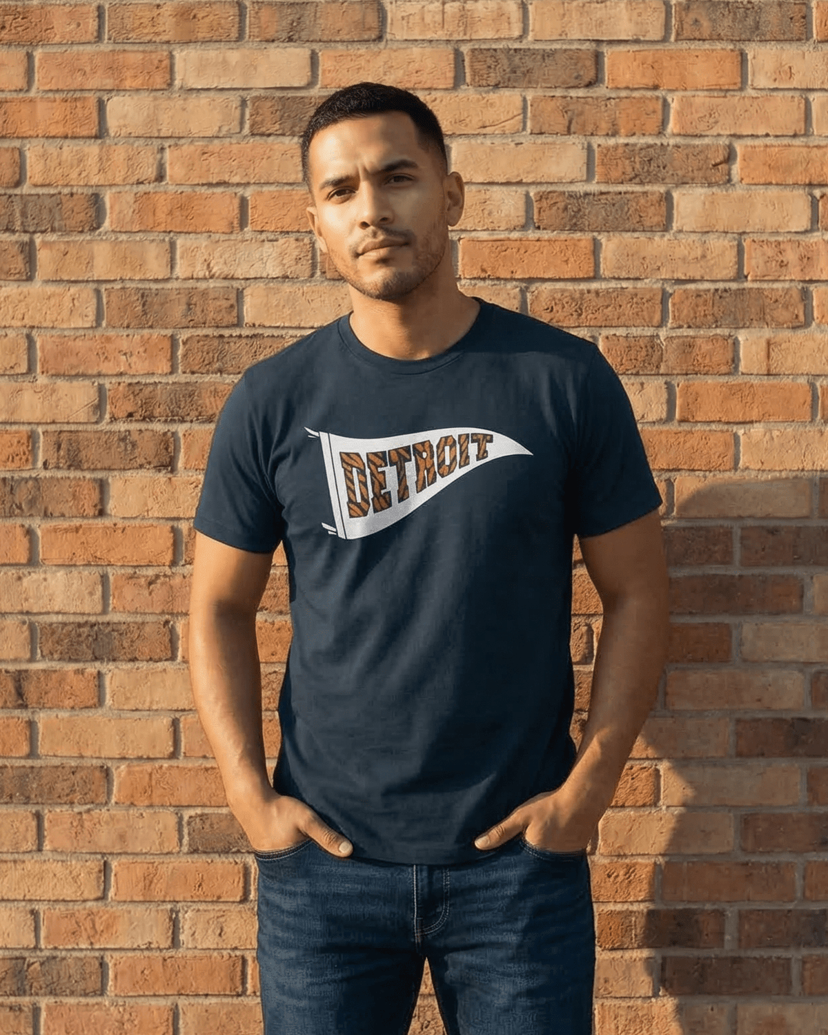 Detroit Tiger Stripe Pennant T-Shirt - Midnight Navy - Ink Detroit