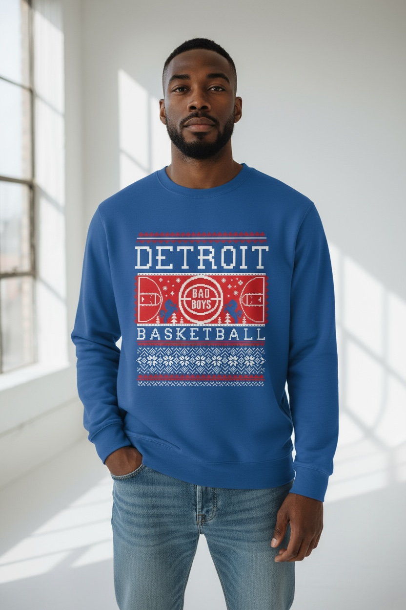 Man wearing a blue sweatshirt with 'Detroit Basketball' design in a bright room.