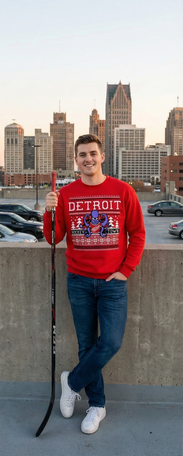 Person wearing a red 'Detroit' sweatshirt holding a hockey stick with a city skyline in the background