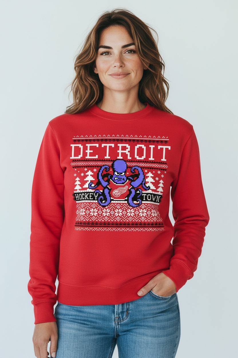 Person wearing a red 'Detroit' themed sweater with a blue graphic on a light gray background