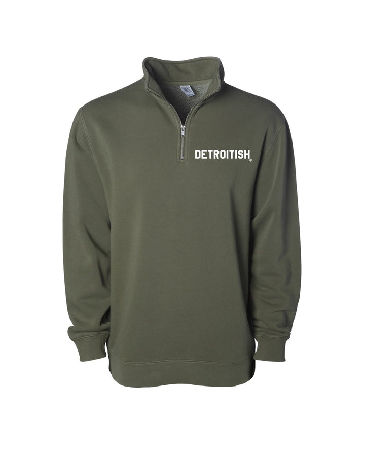 Ink Detroit - Detroitish Pigment Dyed 1/4 Zip Pullover - Army Green with Black or White print