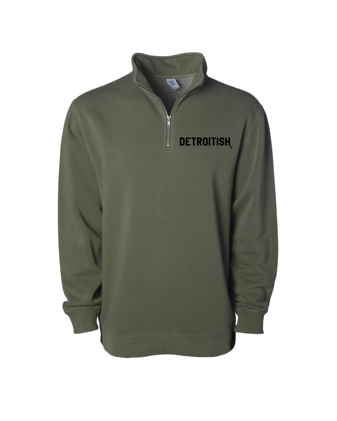 Ink Detroit - Detroitish Pigment Dyed 1/4 Zip Pullover - Army Green with Black or White print