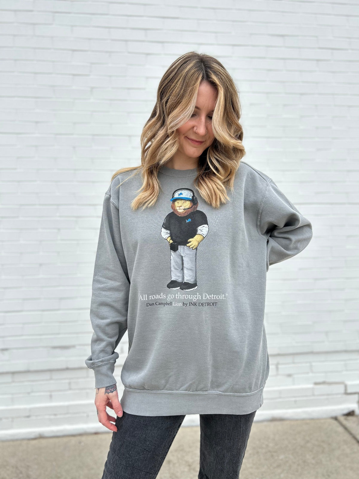 Ink Detroit - Dan Campbell Lion Crewneck Sweatshirt - Pigment Dyed Grey - Ink Detroit