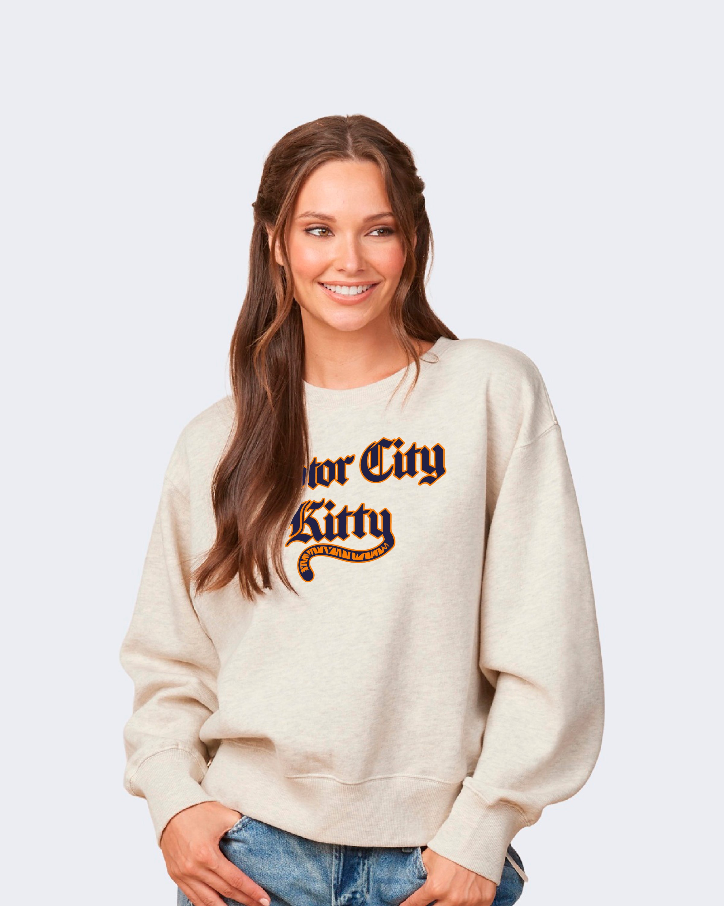 トップス kittyy S Motor City Kitty Women's 1/2 Zip Crop Sweatshirt - Detroit Graphic
