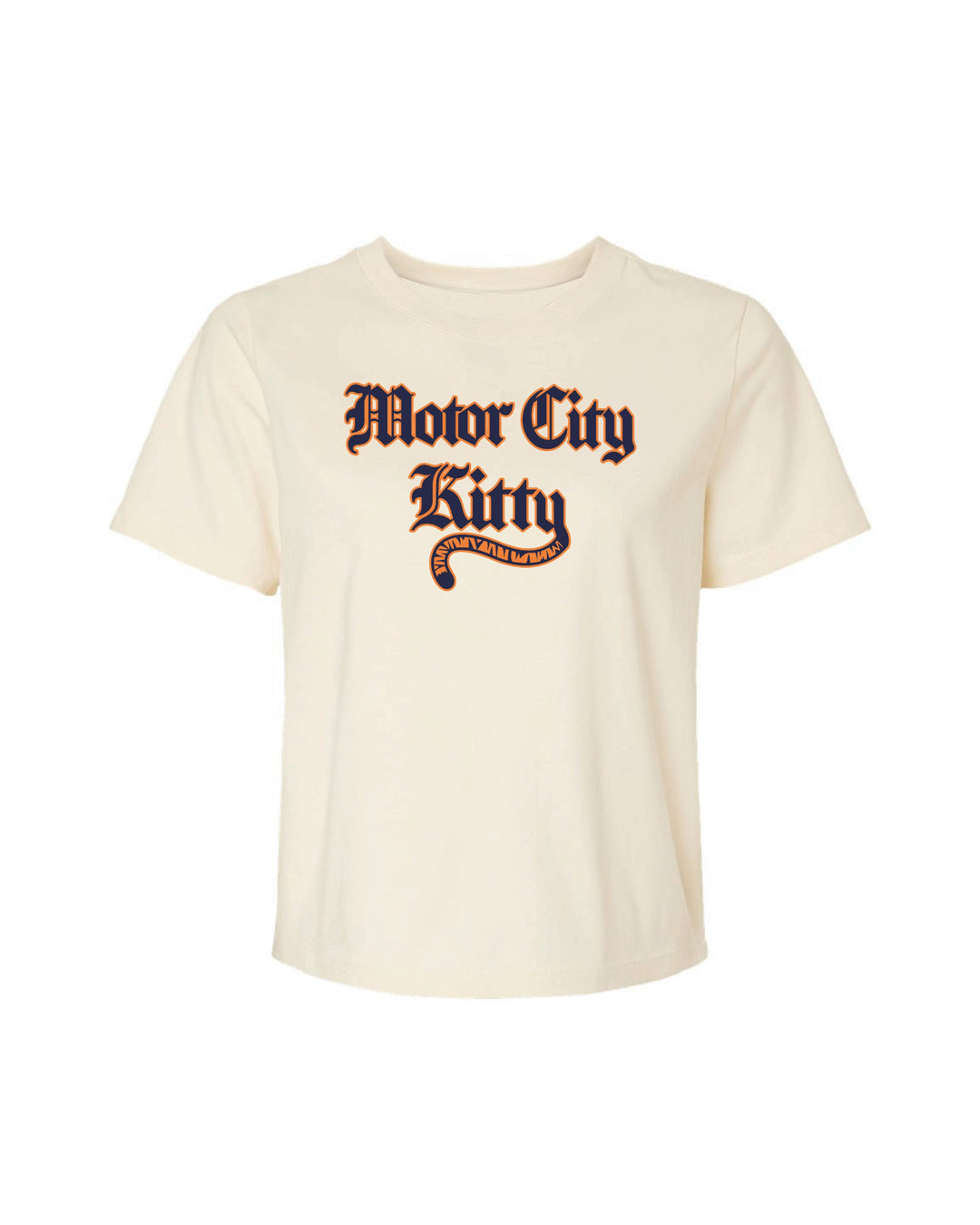 Motor City Kitty women's ivory boxy t-shirt with tiger tail swoosh Detroit graphic