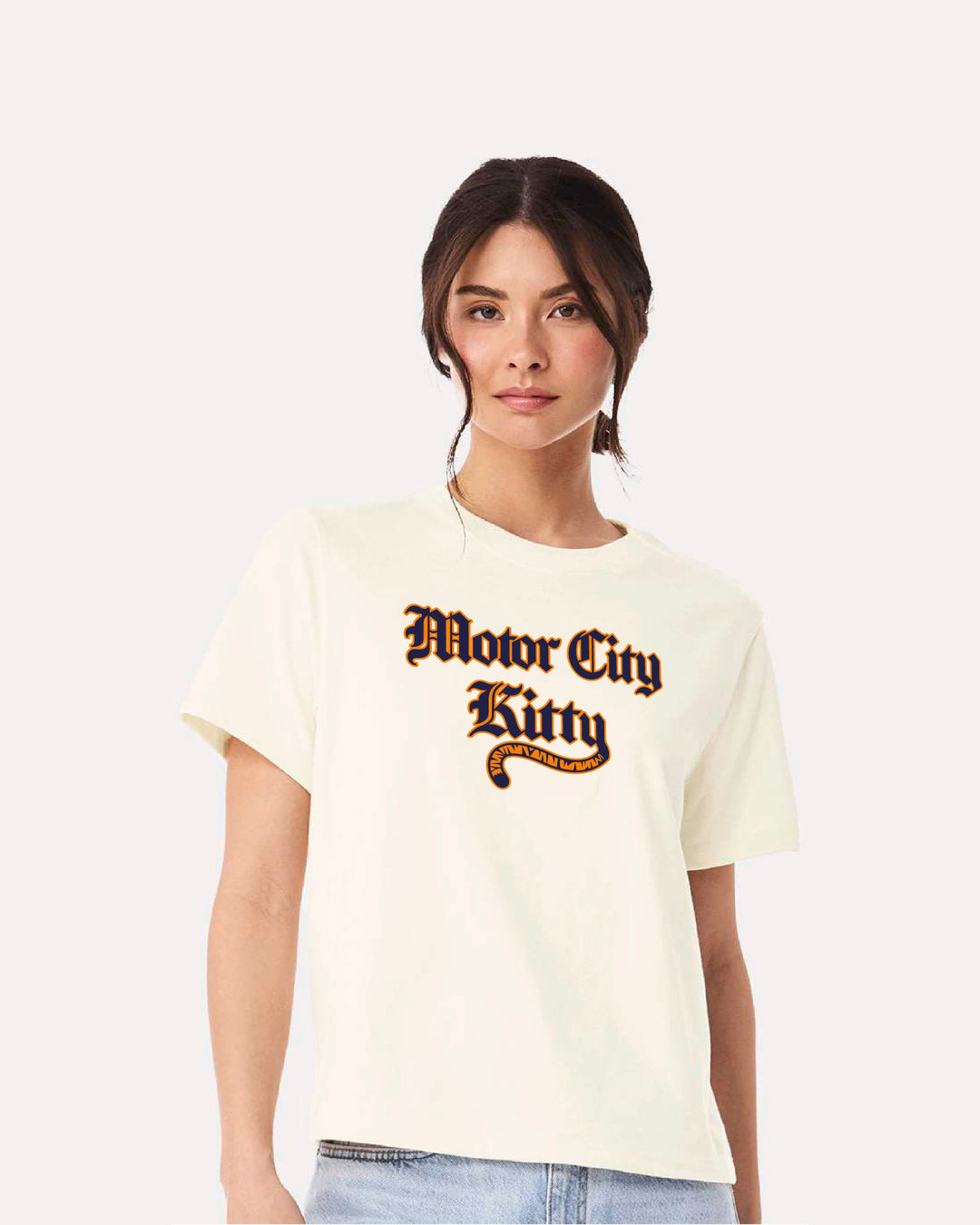 Motor City Kitty women's ivory boxy t-shirt with tiger tail swoosh Detroit graphic