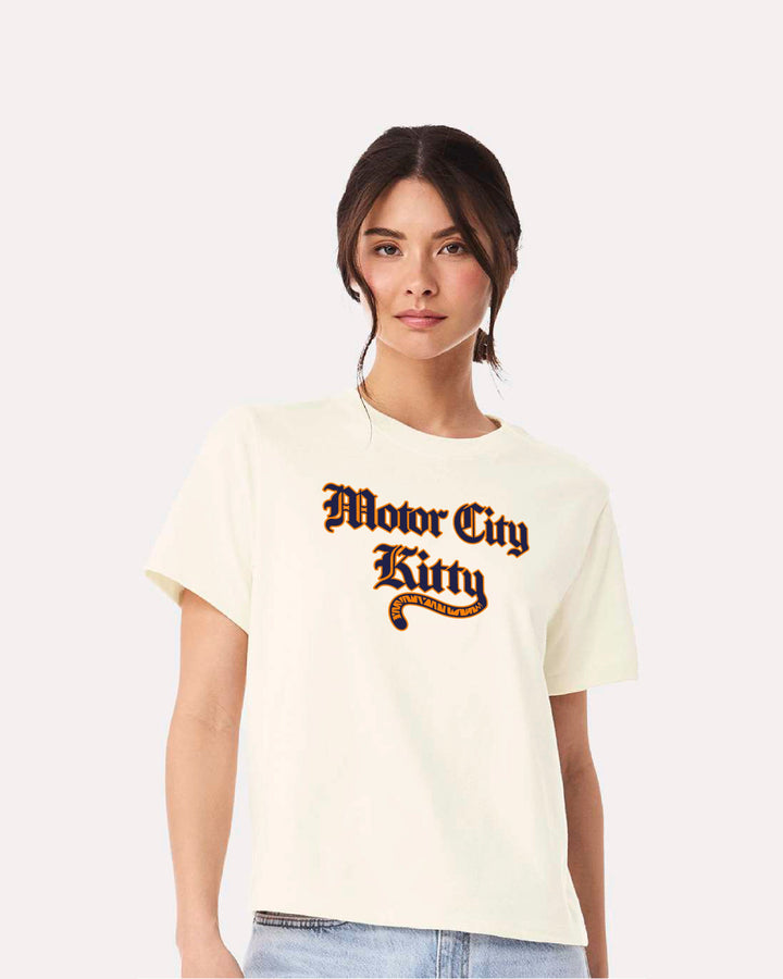 Motor City Kitty women's ivory boxy t-shirt with tiger tail swoosh Detroit graphic