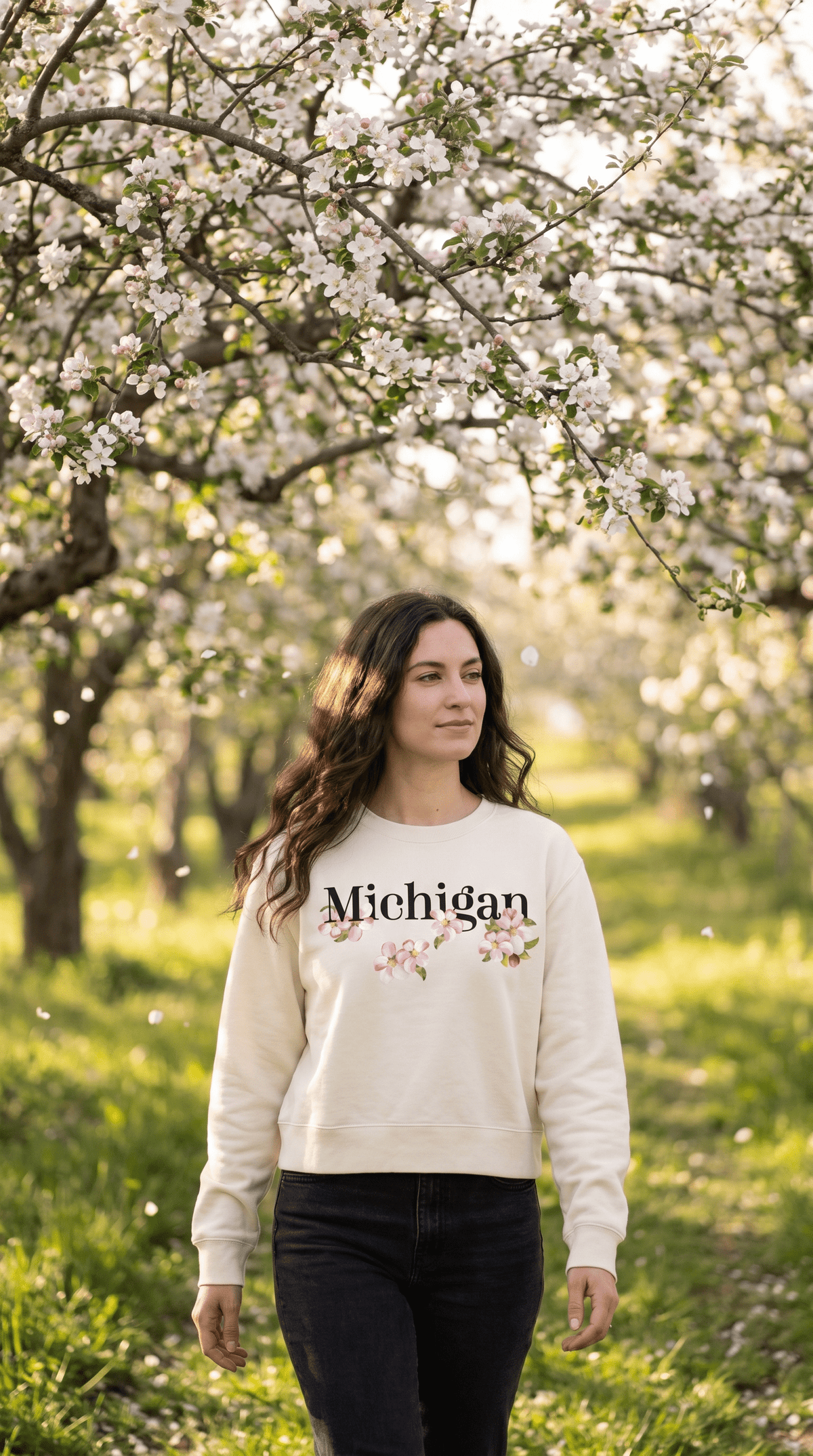 Michigan Apple Blossom Mid-Length Crewneck - Ink Detroit