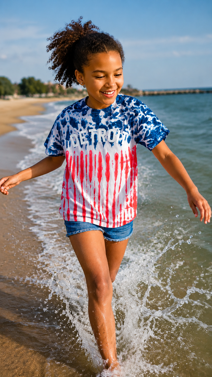 Kids red, white, and blue tie dye Detroit T-Shirt.