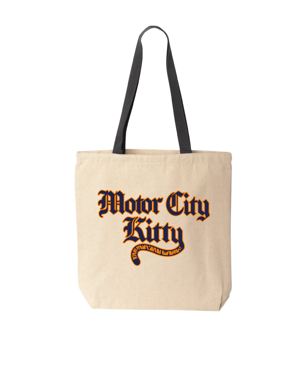 The Tiger natural tote bag with black straps, bold Old English Detroit inspired lettering and a tiger tail graphic.