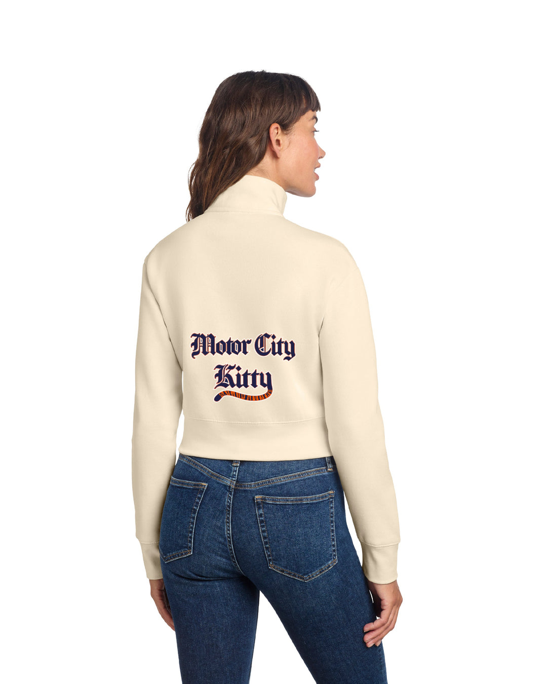 Motor City Kitty Tail Swoosh Women's 1/2 Zip Crop Sweatshirt - Ivory - Ink Detroit