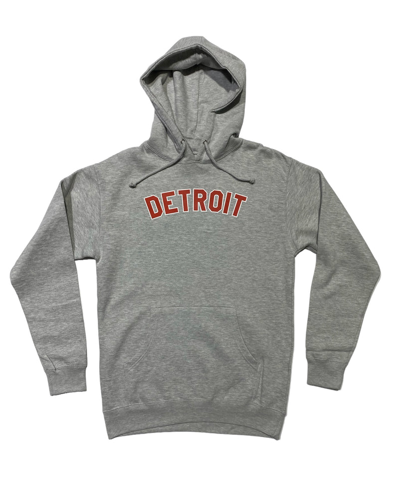 Basic Detroit in Red Wings Red & White on an athletic grey hoodie