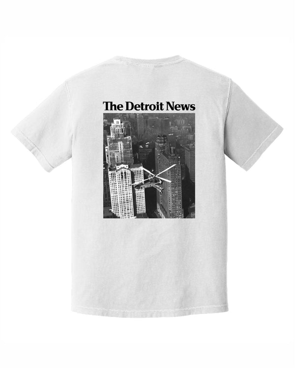 The Detroit New Gyrocopter photo from the 1930's on the back of a white T-Shirt