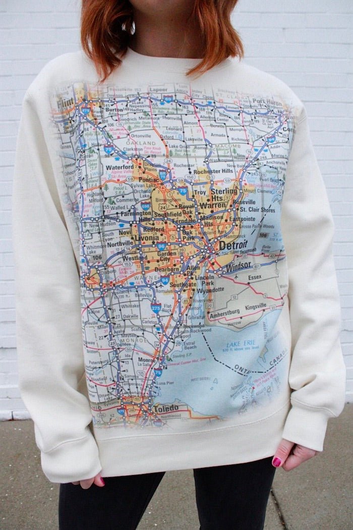 Ink Detroit - Metro Detroit Map - Crewneck Sweatshirt - Natural - Ink Detroit