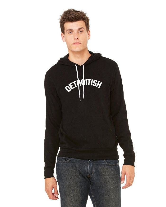 Black Pullover Hoodie with "DETROITISH" in white across the chest