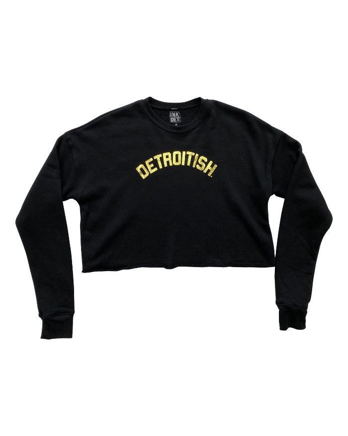 Ink Detroit Detroitish Women's Cropped Fleece Crewneck Sweatshirt - Black with Gold Foil