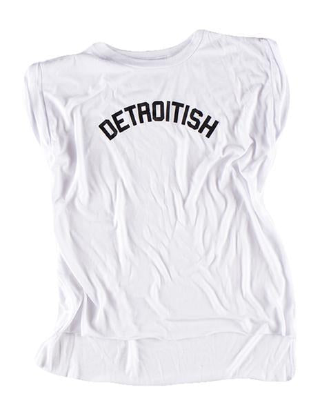 Ink Detroit Detroitish Women's Flowy Muscle T-Shirt Rolled Cuff - White