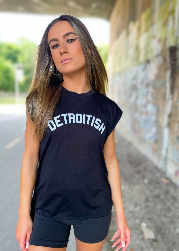 Ink Detroit Detroitish Women's Flowy Muscle T-Shirt Rolled Cuff - Black