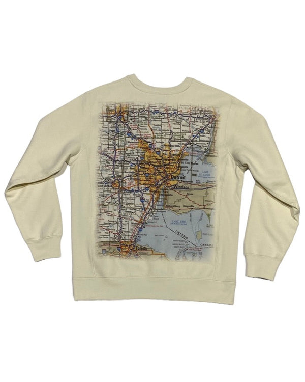 This heavyweight crew neck sweatshirt features a detailed map of South East Michigan on the back