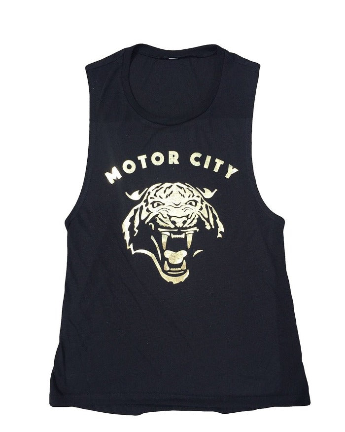 Ink Detroit Motor City Cat Women's Gold Foil Muscle Tank Top - Black