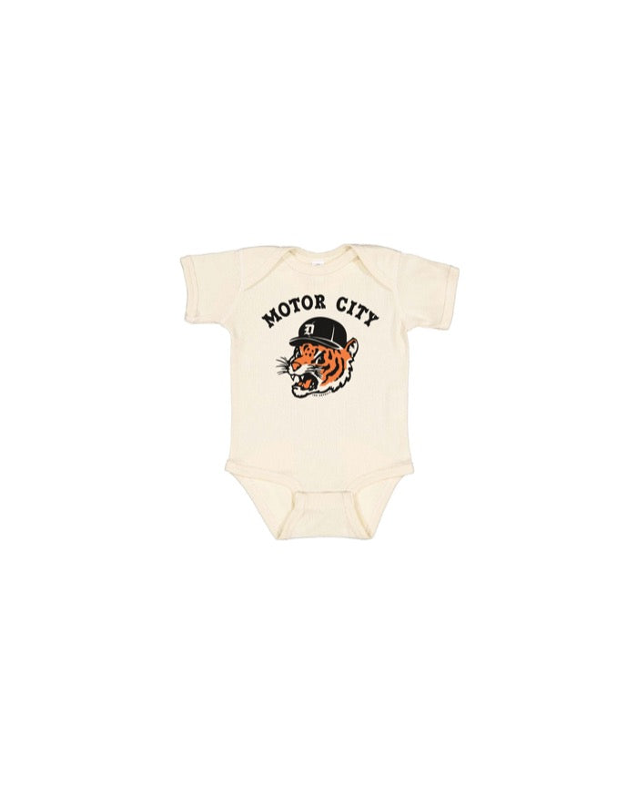 Ink Detroit's Motor City Kitty on a Natural colored baby onesie