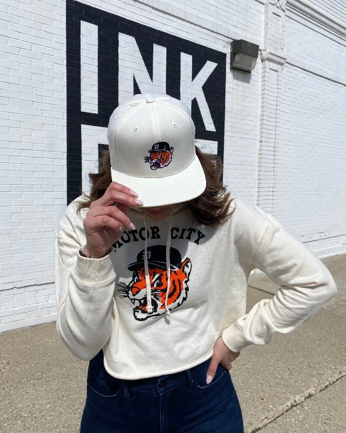 Ink Detroit - Motor City Kitty Fleece Crop Hoodie - Heather Dust - Ink Detroit