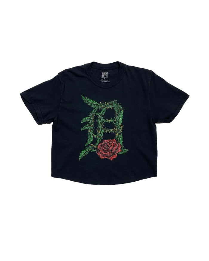 Ink Detroit - Old English Rose-D Ladies Crop T-Shirt-Black