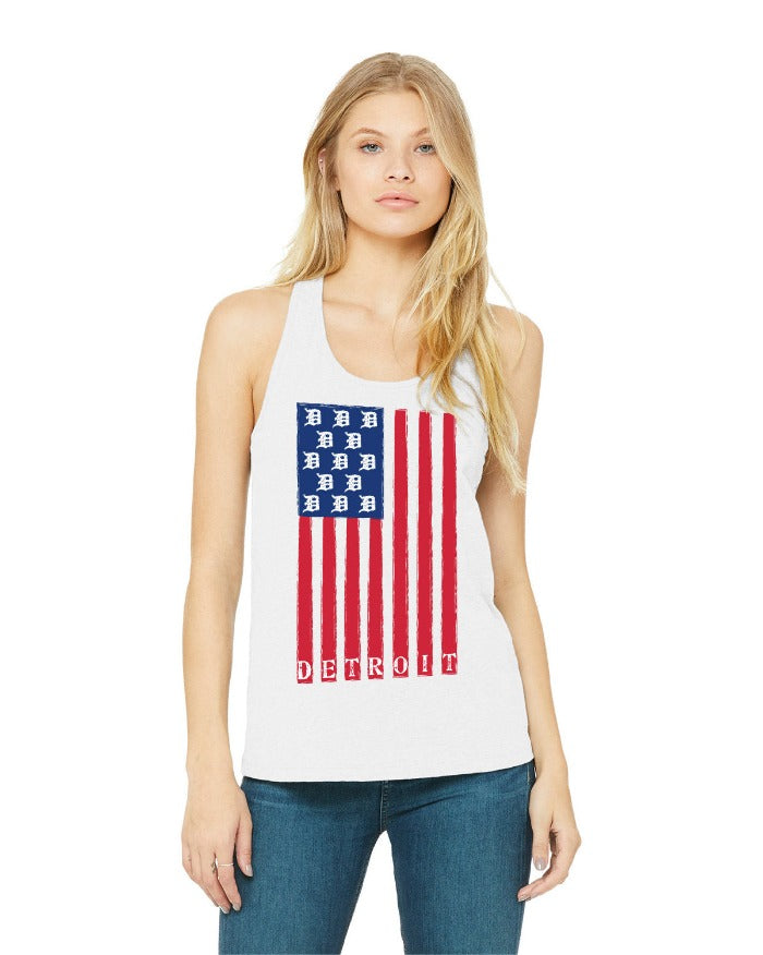 Ink Detroit USA Flag Tri Blend Racerback Tank Top - Heather White
