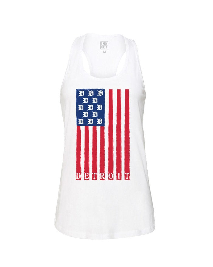 Ink Detroit USA Flag Tri Blend Racerback Tank Top - Heather White