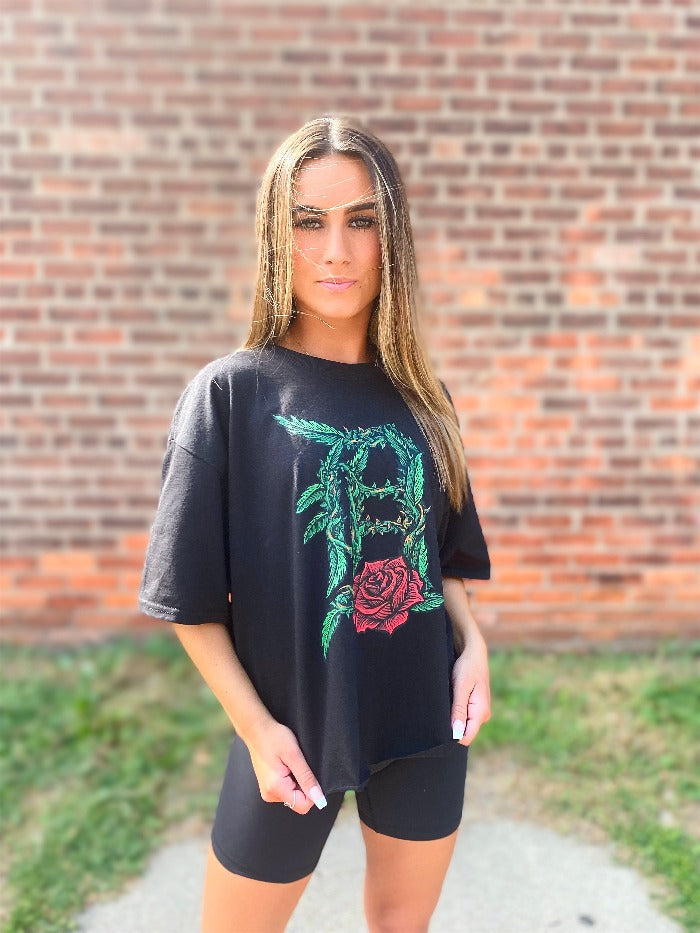 Ink Detroit - Old English D Rose - Oversize Crop T-Shirt - Black