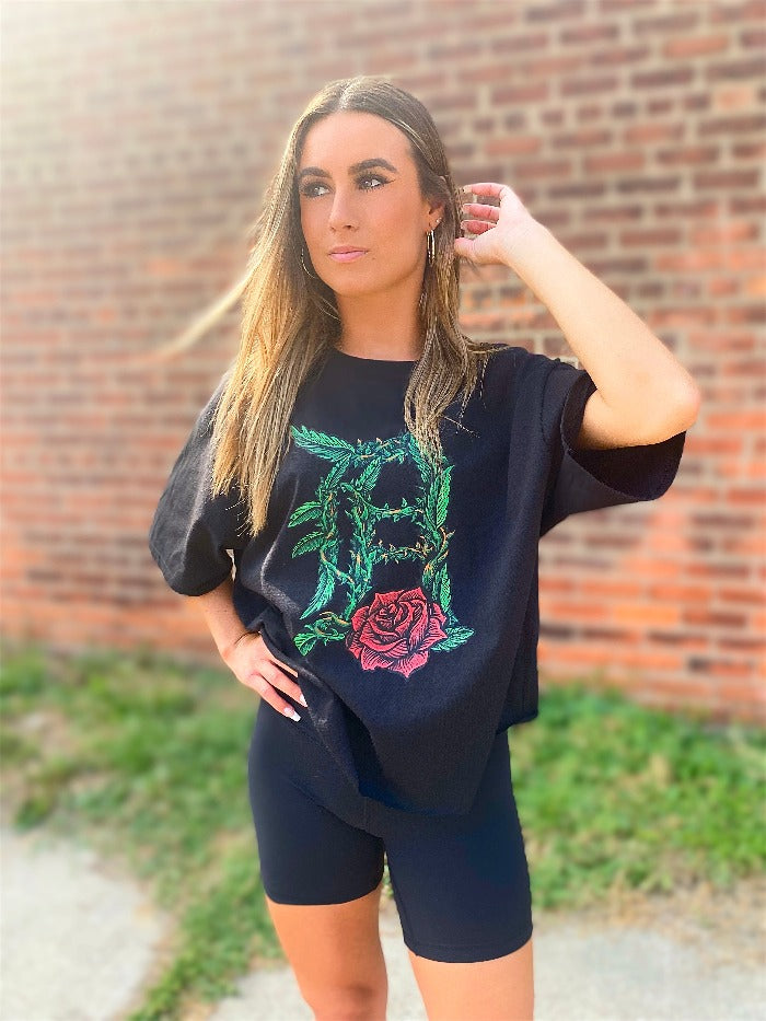 Ink Detroit - Old English D Rose - Oversize Crop T-Shirt - Black