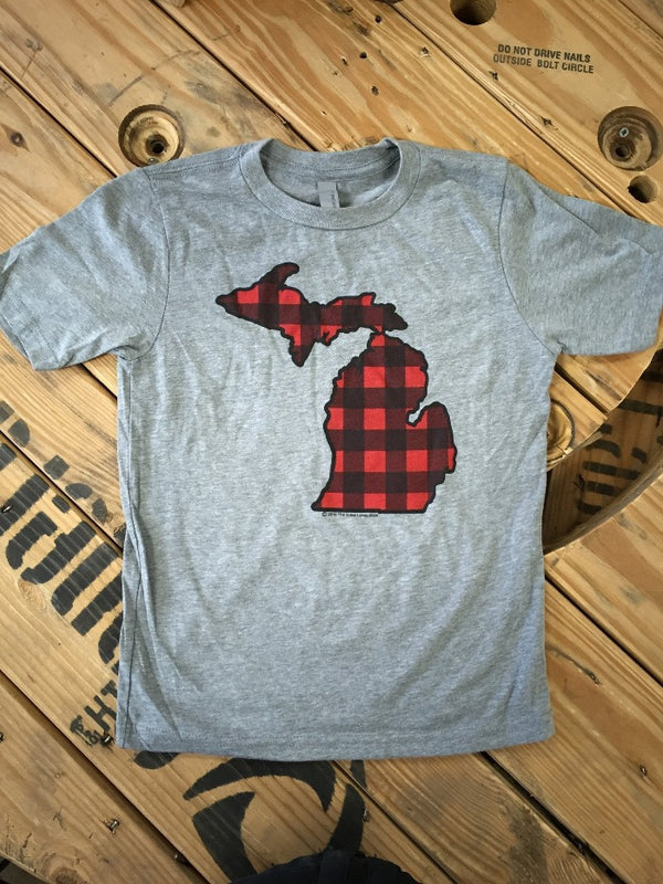 The Great Lakes State Buffalo Plaid Flannel Youth T-Shirt - Heather Grey