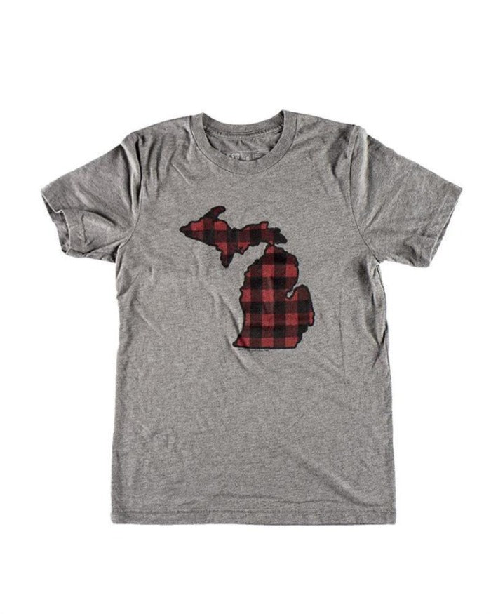 The Great Lakes State Buffalo Plaid Flannel Youth T-Shirt - Heather Grey