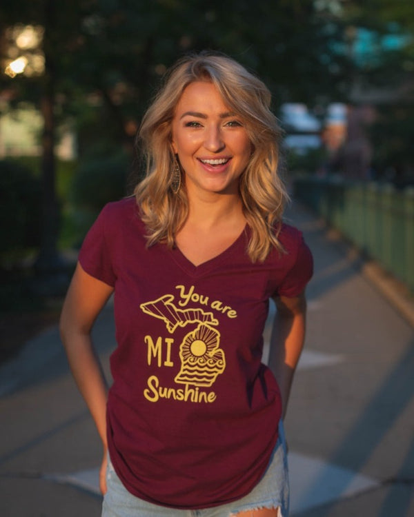 The Great Lakes State You Are Mi Sunshine Women's Junior Fit V-Neck T-Shirt - Maroon