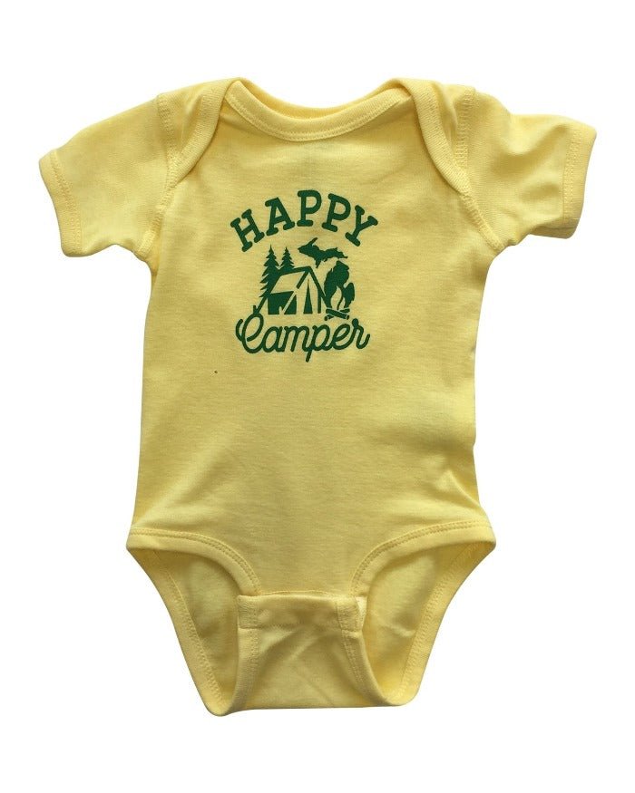 The Great Lakes State Happy Camper Baby Onesie - Banana Yellow - Ink Detroit